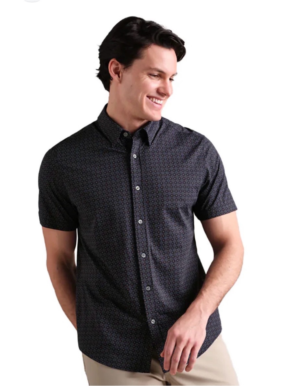 RHONE Men's commuter button down short sleeve size L EUC navy blue geo print